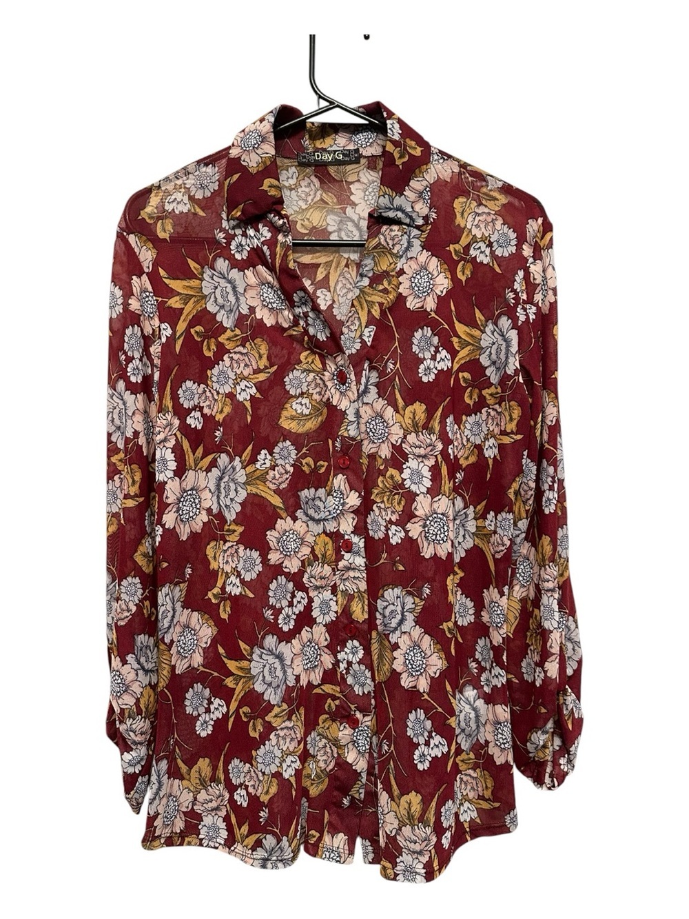 Day G Burgundy Sheer Floral Button-Up Blouse Size Large